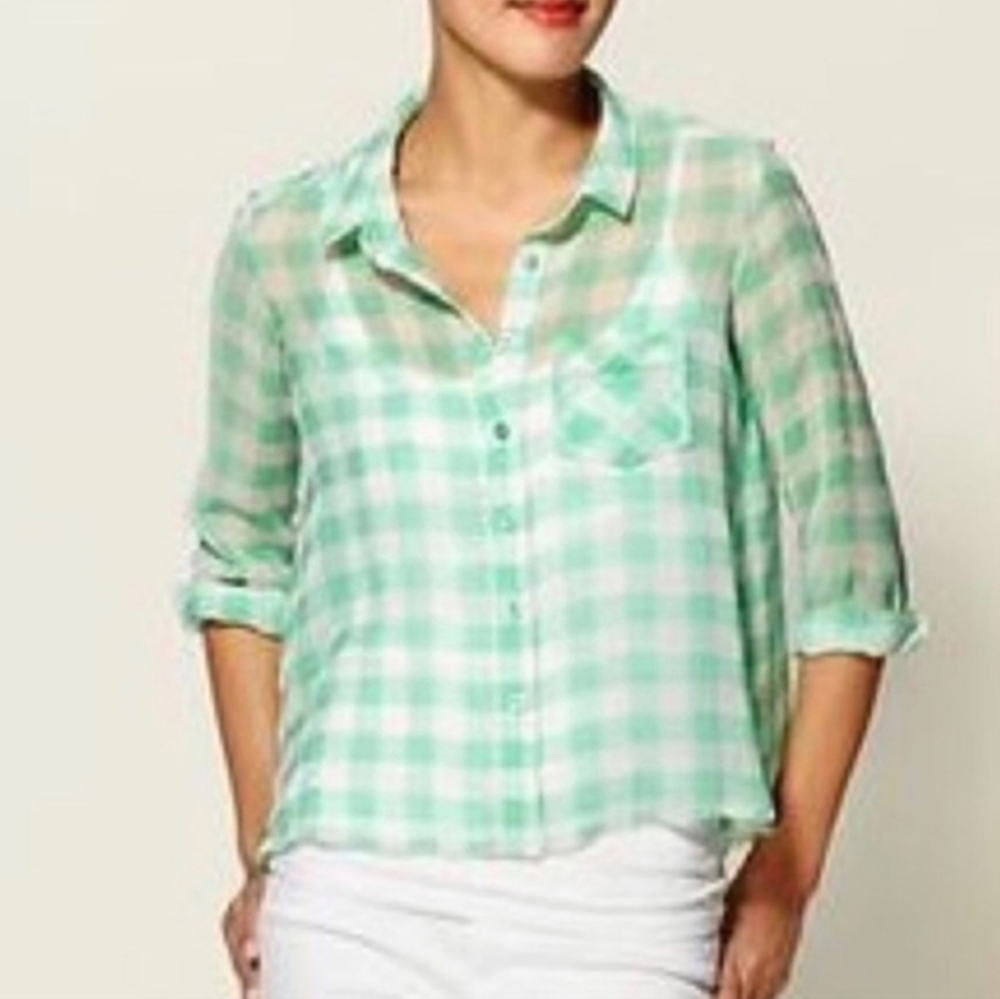 Free People Green Gingham Plaid Sheer Swing Blouse Small Front Pocket Size Small